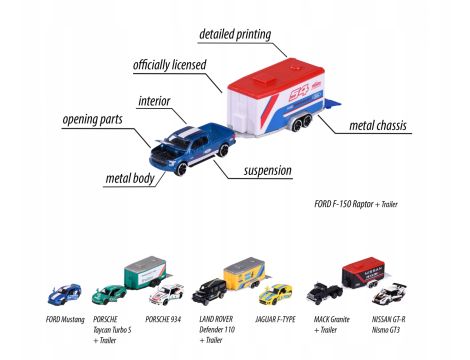 Majorette RACE TRAILER 212053111 Ford F-150 Raptor + Mustang GT przyczepa - 7